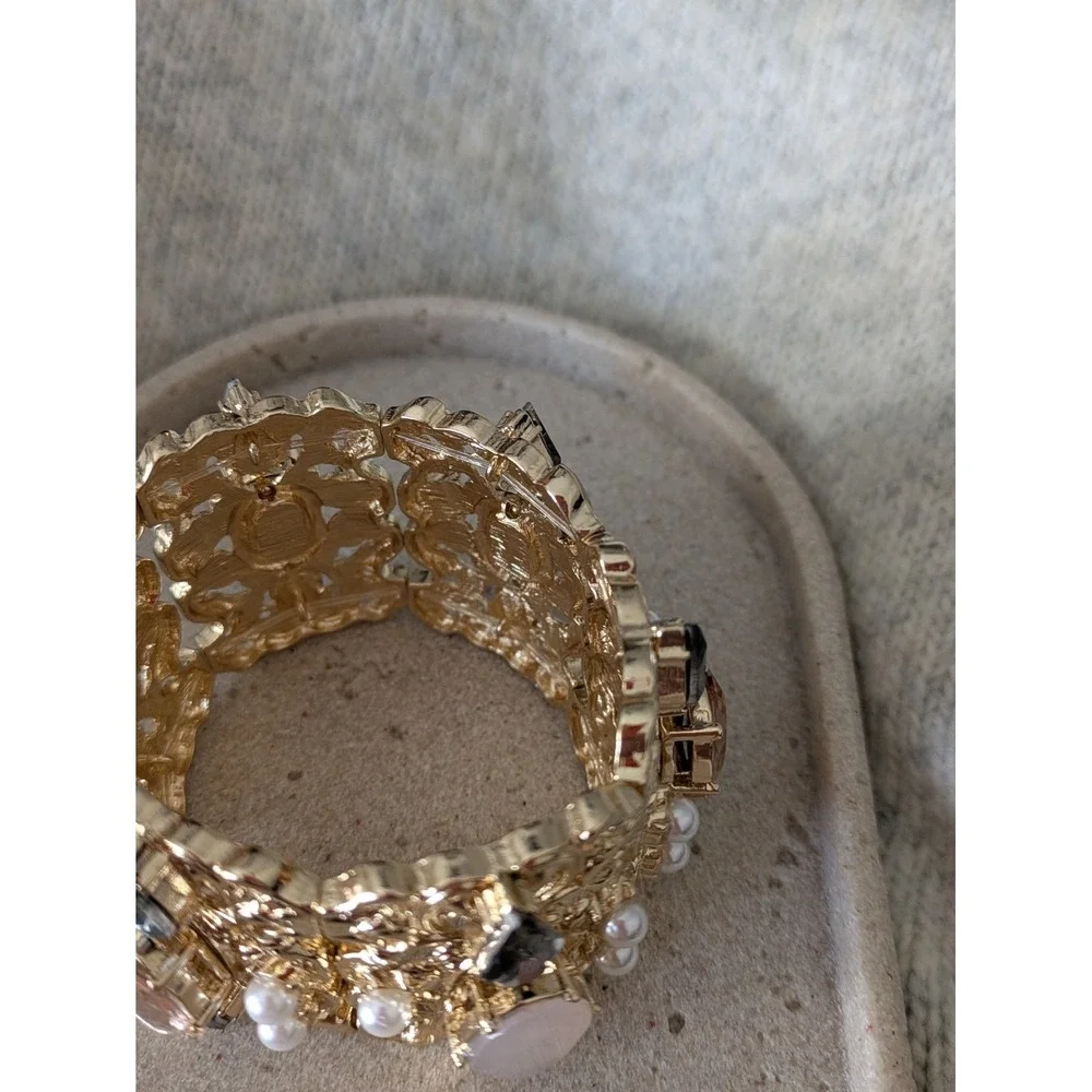 Ornate Gold Tone Stretch Bracelet Romantic Cabachon Beads Faux Pearl Chunky Wide